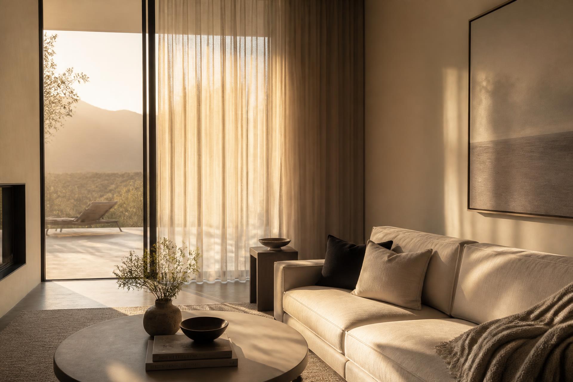 Sala contemporânea com cortinas de piso ao teto filtrando a luz da tarde